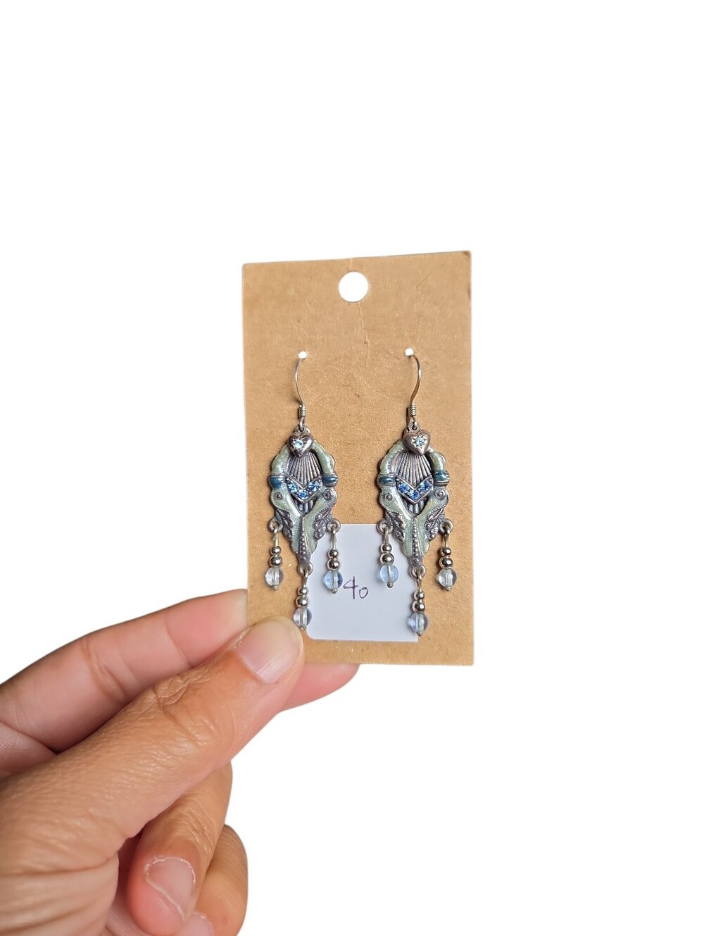 Vintage Silver-Tone Green Enamel Blue Beads Dangle Earrings 2.5"